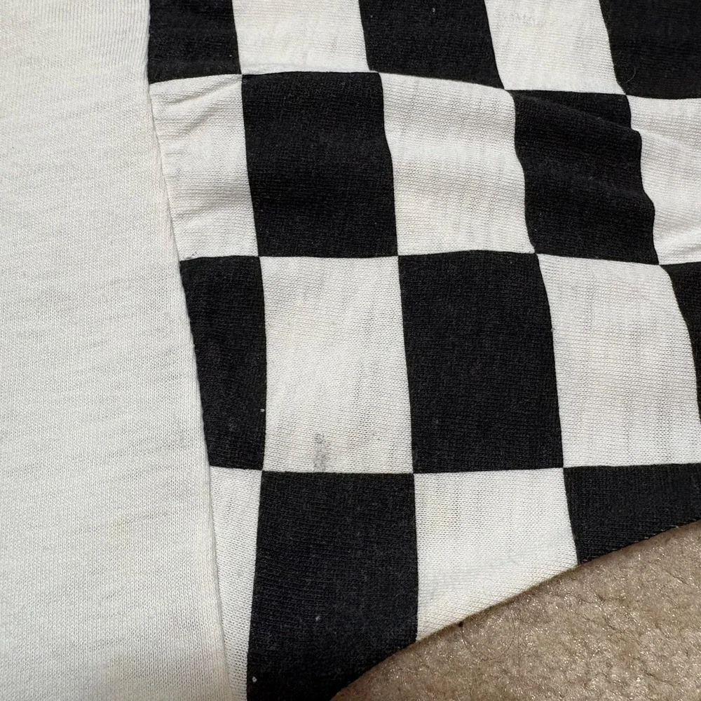 Vtg 70s NASCAR Shirt Ray Elder‎ XL 18-20 Fits Small White Sears Checkered Sleeve